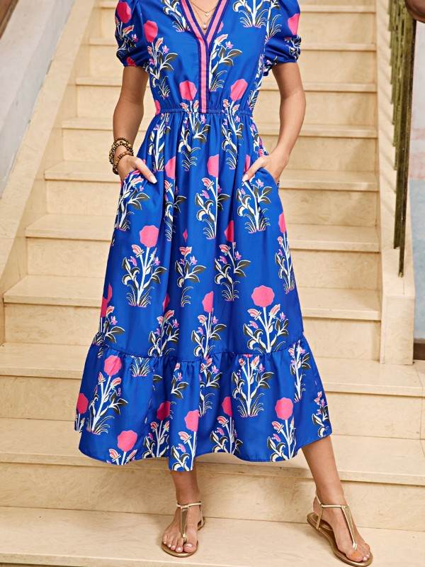 Blue Floral Ruffle Hem Pop of Color Neckline Dress - Shop Style & More | Fresh Looks, Everyday Deals & Free Shipping