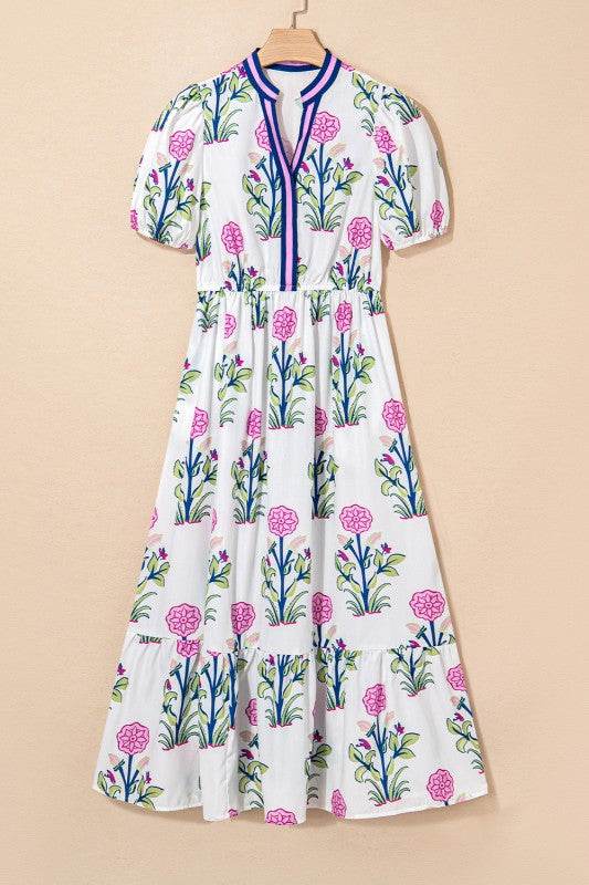Blue Floral Ruffle Hem Pop of Color Neckline Dress - Shop Style & More | Fresh Looks, Everyday Deals & Free Shipping