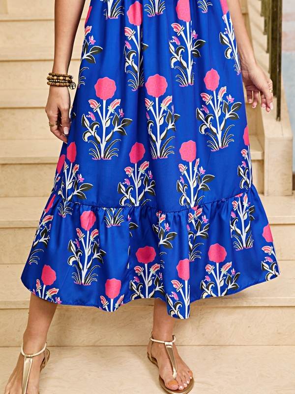 Blue Floral Ruffle Hem Pop of Color Neckline Dress - Shop Style & More | Fresh Looks, Everyday Deals & Free Shipping