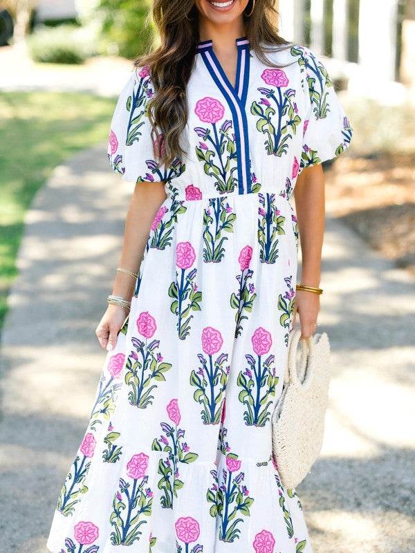 Blue Floral Ruffle Hem Pop of Color Neckline Dress - Shop Style & More | Fresh Looks, Everyday Deals & Free Shipping