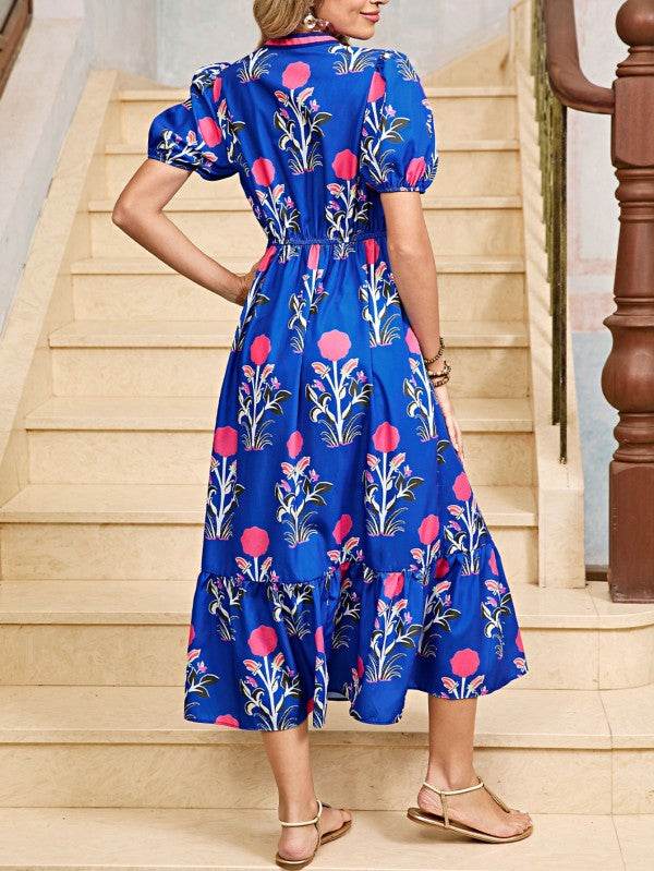 Blue Floral Ruffle Hem Pop of Color Neckline Dress - Shop Style & More | Fresh Looks, Everyday Deals & Free Shipping