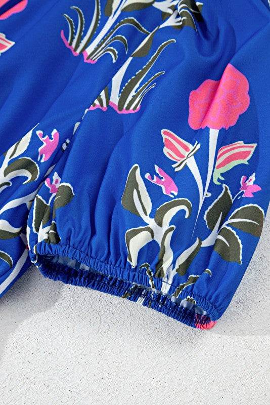 Blue Floral Ruffle Hem Pop of Color Neckline Dress - Shop Style & More | Fresh Looks, Everyday Deals & Free Shipping