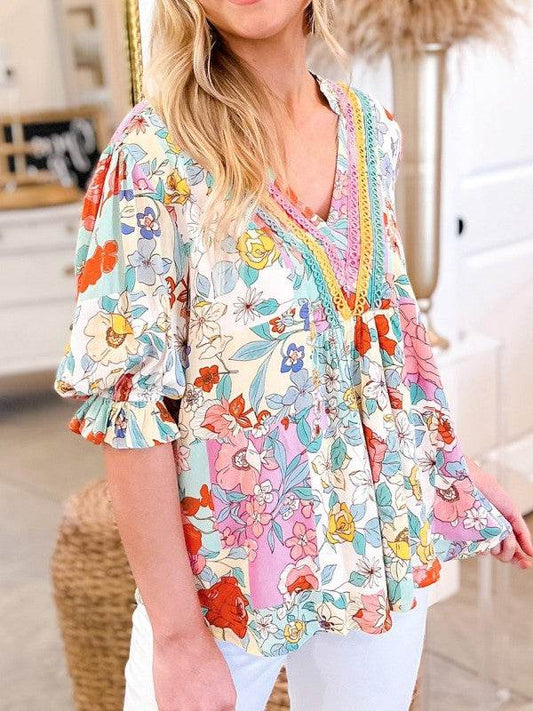 Boho Flower Print Frill Neck Puff Sleeve Blouse - Shop Style & More | Fresh Looks, Everyday Deals & Free Shipping