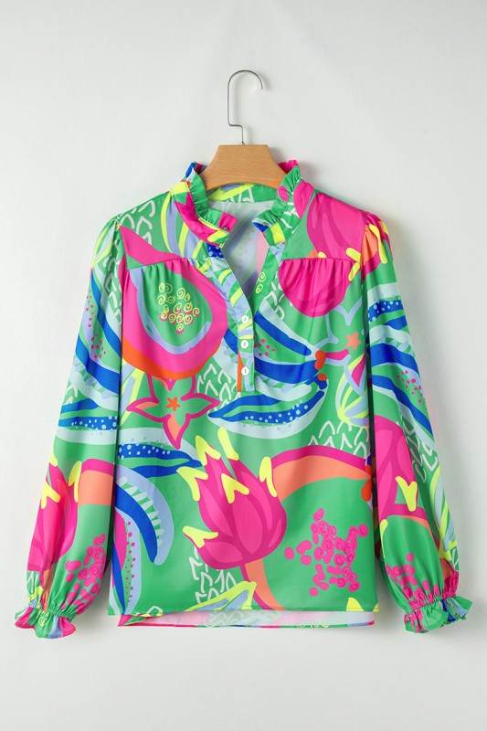 Abstract Print Ruffled Sleeve Buttoned Blouse - Shop Style & More | Fresh Looks, Everyday Deals & Free Shipping