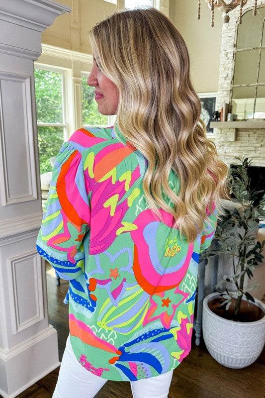 Abstract Print Ruffled Sleeve Buttoned Blouse - Shop Style & More | Fresh Looks, Everyday Deals & Free Shipping