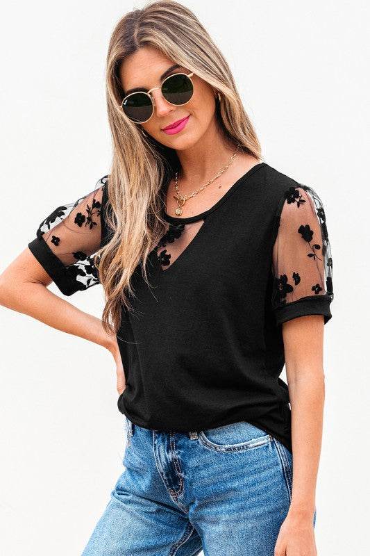 Black Flora Lace Patchwork Crew Neck T Shirt - Shop Style & More | Fresh Looks, Everyday Deals & Free Shipping