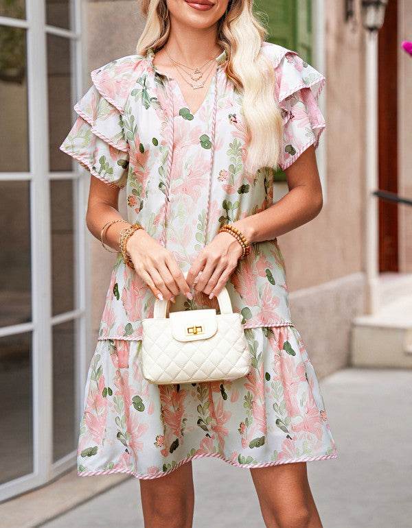 Pink Floral Contrast Edge Ruffle Tiered Dress - Shop Style & More | Fresh Looks, Everyday Deals & Free Shipping