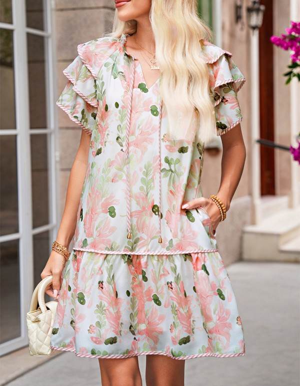 Pink Floral Contrast Edge Ruffle Tiered Dress - Shop Style & More | Fresh Looks, Everyday Deals & Free Shipping