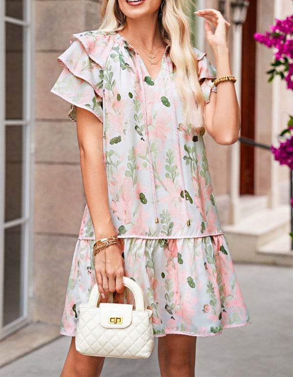 Pink Floral Contrast Edge Ruffle Tiered Dress - Shop Style & More | Fresh Looks, Everyday Deals & Free Shipping
