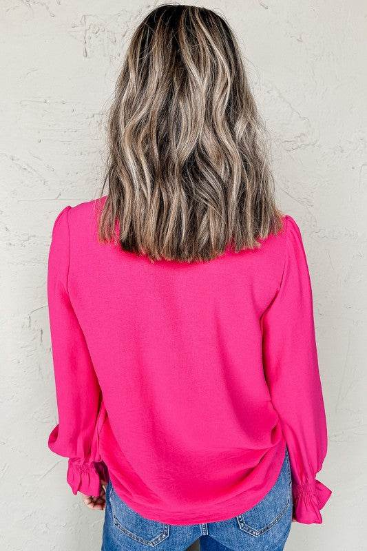 Solid Color Shirred Cuff Notch V Neck Blouse - Shop Style & More | Fresh Looks, Everyday Deals & Free Shipping