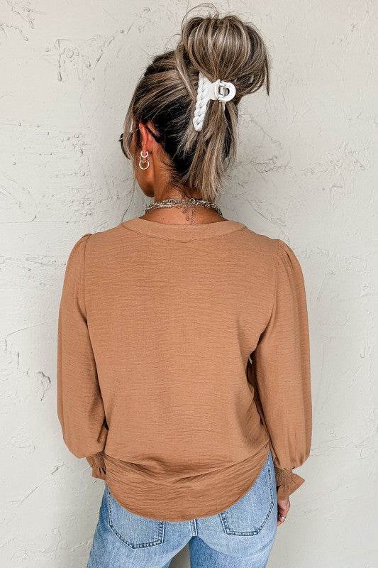 Solid Color Shirred Cuff Notch V Neck Blouse - Shop Style & More | Fresh Looks, Everyday Deals & Free Shipping