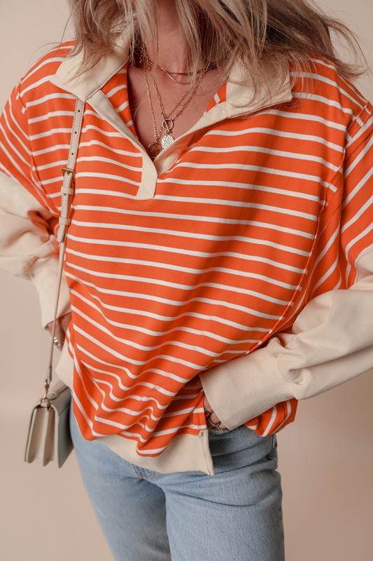 Stripe Color Block Collared Drop Sweatshirt - Shop Style & More | Fresh Looks, Everyday Deals & Free Shipping