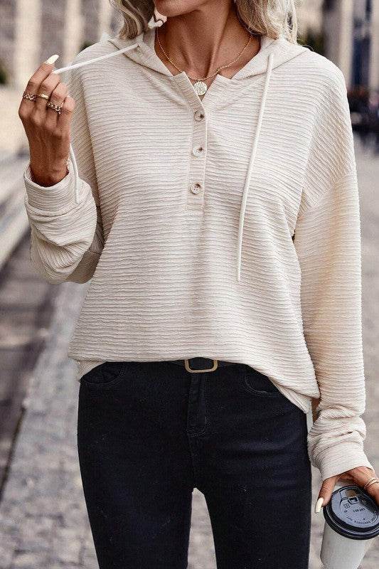 Apricot Solid Textured Drawstring Henley Hoodie - Shop Style & More | Fresh Looks, Everyday Deals & Free Shipping