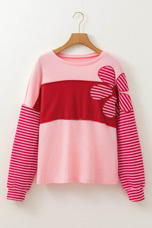 Floral Patch Striped Sleeve Textured Top - Shop Style & More | Fresh Looks, Everyday Deals & Free Shipping