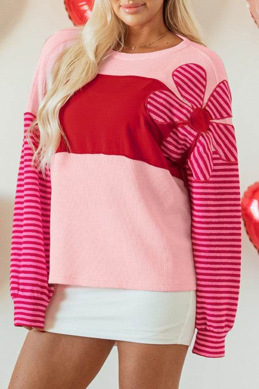 Floral Patch Striped Sleeve Textured Top - Shop Style & More | Fresh Looks, Everyday Deals & Free Shipping