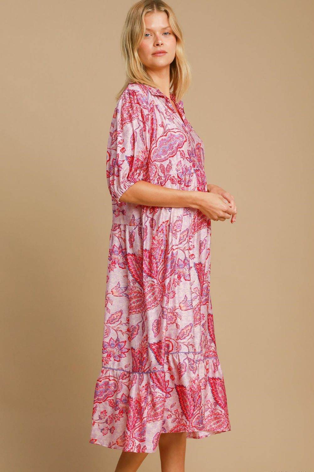 Umgee Full Size Ruffled Hem Floral Paisley Print Half Sleeve Midi Dress Plus Size - Shop Style & More | Fresh Looks, Everyday Deals & Free Shipping