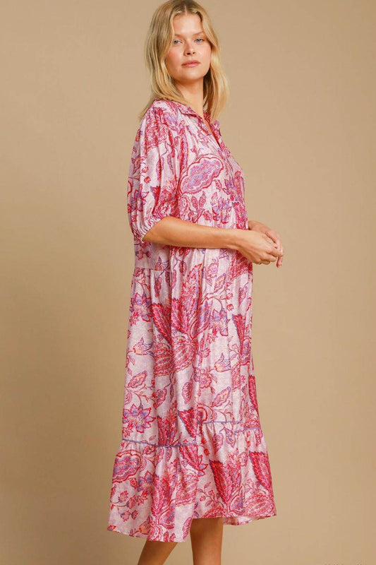 Umgee Full Size Ruffled Hem Floral Paisley Print Half Sleeve Midi Dress Plus Size - Shop Style & More | Fresh Looks, Everyday Deals & Free Shipping