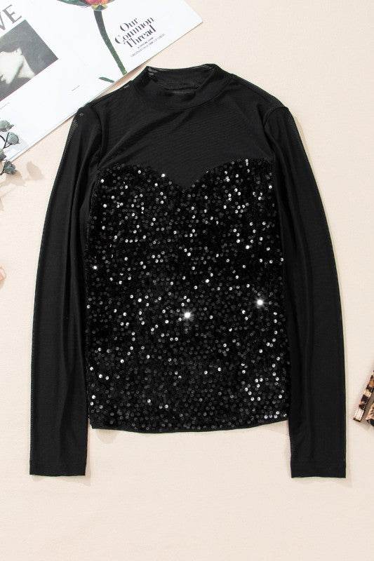 Black Sequin Velvet Sheer Mesh Mock Neck Blouse - Shop Style & More | Fresh Looks, Everyday Deals & Free Shipping