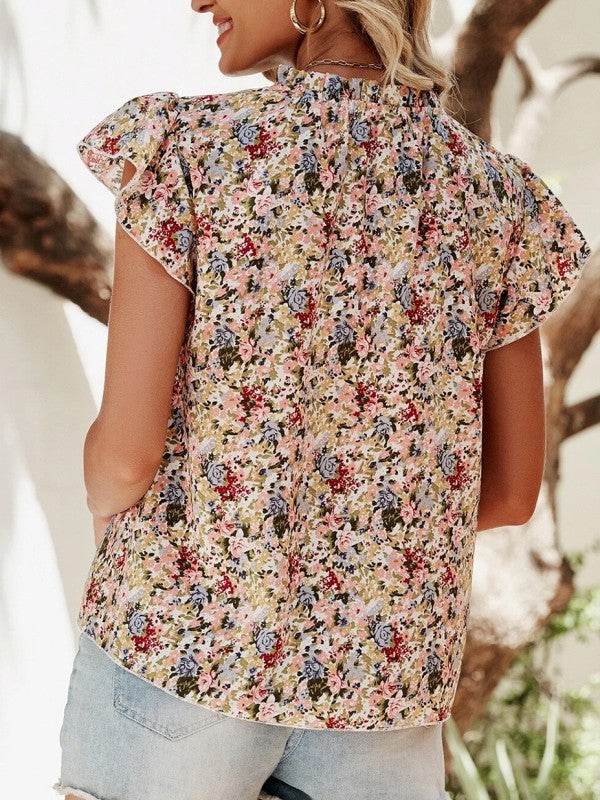 Red Boho Floral Frilled Button Neck Ruffle Blouse - Shop Style & More | Fresh Looks, Everyday Deals & Free Shipping