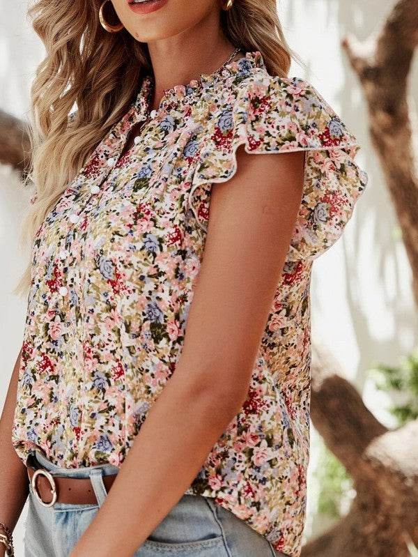 Red Boho Floral Frilled Button Neck Ruffle Blouse - Shop Style & More | Fresh Looks, Everyday Deals & Free Shipping