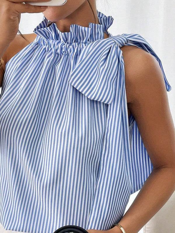 Blue Striped Frill Neck Tie Knot Sleeveless Top - Shop Style & More | Fresh Looks, Everyday Deals & Free Shipping