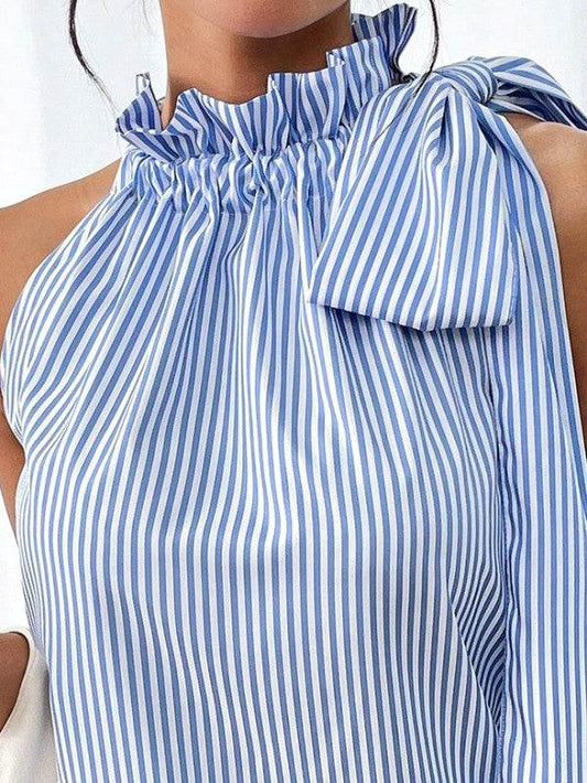 Blue Striped Frill Neck Tie Knot Sleeveless Top - Shop Style & More | Fresh Looks, Everyday Deals & Free Shipping