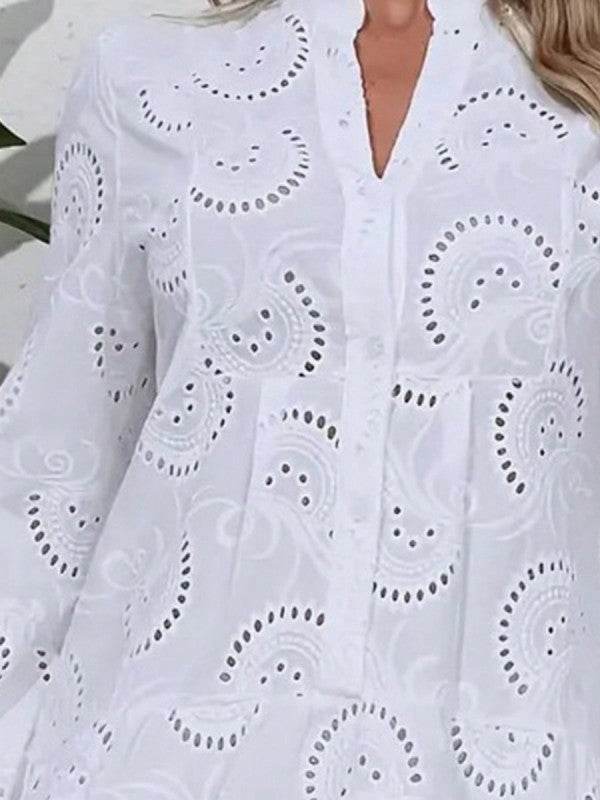 Cotton Embroidered Hollow Tiered Button Dress - Shop Style & More | Fresh Looks, Everyday Deals & Free Shipping