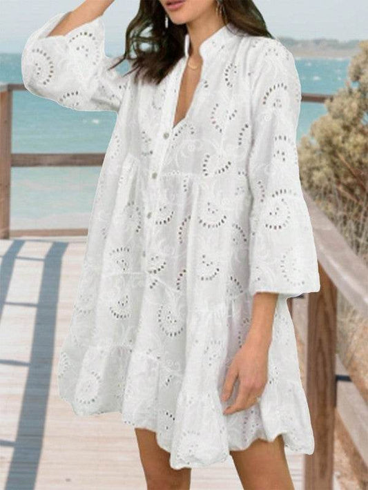 Cotton Embroidered Hollow Tiered Button Dress - Shop Style & More | Fresh Looks, Everyday Deals & Free Shipping