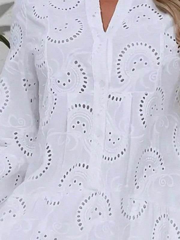 Cotton Embroidered Hollow Tiered Button Dress - Shop Style & More | Fresh Looks, Everyday Deals & Free Shipping