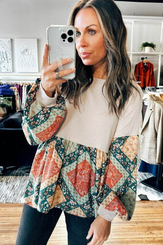 Geometric Patchwork Crew Neck Loose Fit Top - Shop Style & More | Fresh Looks, Everyday Deals & Free Shipping