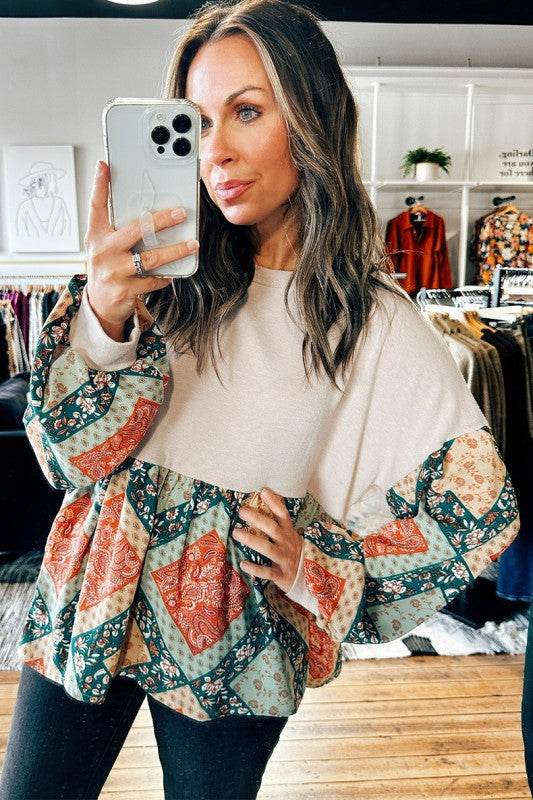 Geometric Patchwork Crew Neck Loose Fit Top - Shop Style & More | Fresh Looks, Everyday Deals & Free Shipping