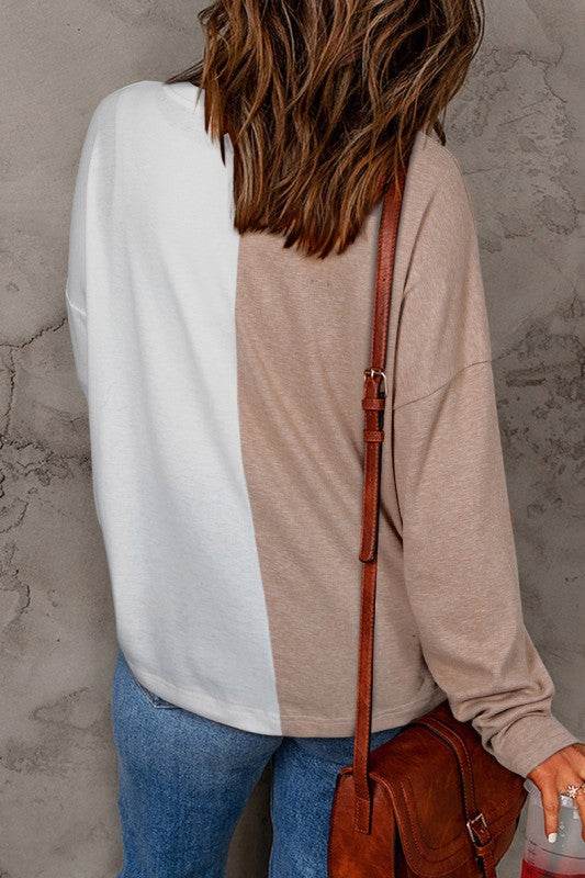 Khaki Colorblock Long Sleeve Crew Neck Top - Shop Style & More | Fresh Looks, Everyday Deals & Free Shipping