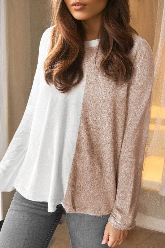Khaki Colorblock Long Sleeve Crew Neck Top - Shop Style & More | Fresh Looks, Everyday Deals & Free Shipping