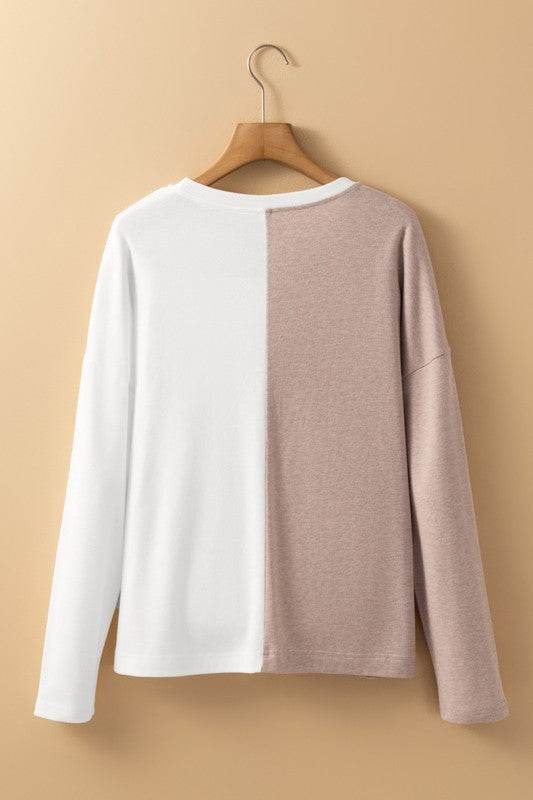 Khaki Colorblock Long Sleeve Crew Neck Top - Shop Style & More | Fresh Looks, Everyday Deals & Free Shipping