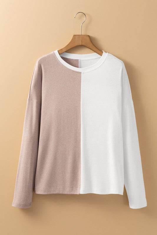 Khaki Colorblock Long Sleeve Crew Neck Top - Shop Style & More | Fresh Looks, Everyday Deals & Free Shipping