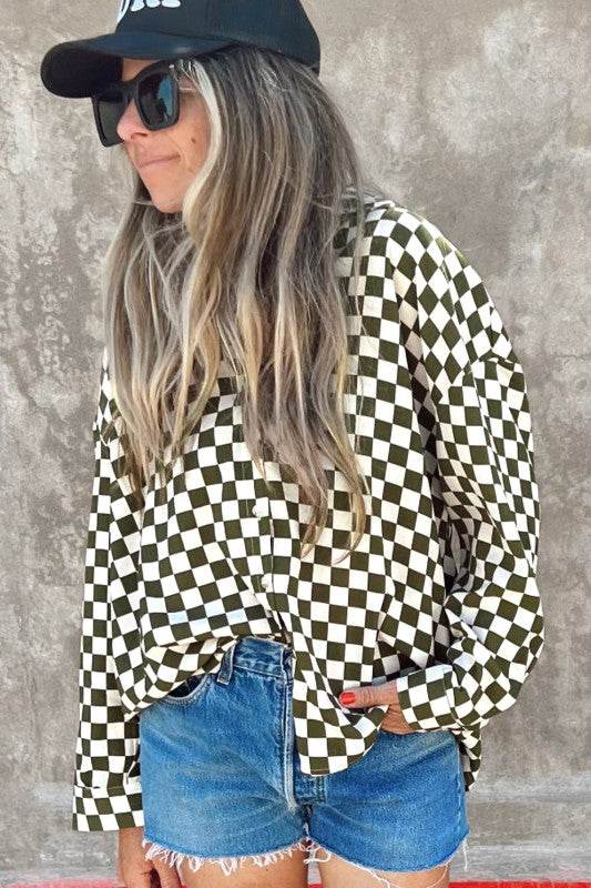 Checkerboard Drop Shoulder Loose Casual Blouse - Shop Style & More | Fresh Looks, Everyday Deals & Free Shipping