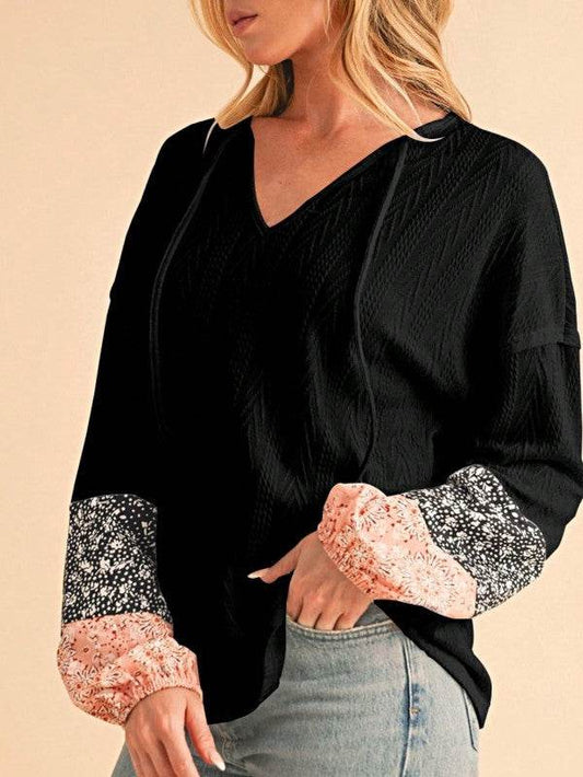 Floral Patchwork Cable Texture Drawstring V Top - Shop Style & More | Fresh Looks, Everyday Deals & Free Shipping