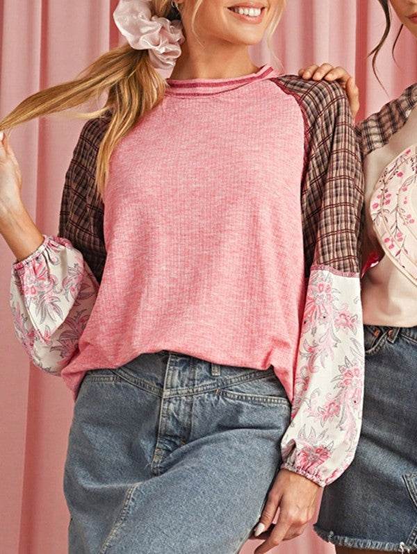 Viscose Plaid Floral Patchwork Raglan Ribbed Top - Shop Style & More | Fresh Looks, Everyday Deals & Free Shipping