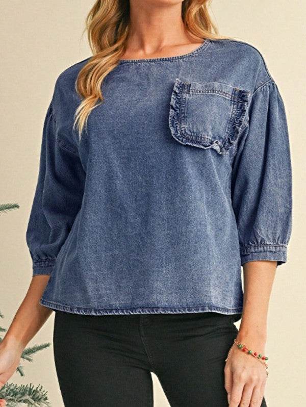 Cotton Denim Frilled Boho Pocket Top - Shop Style & More | Fresh Looks, Everyday Deals & Free Shipping