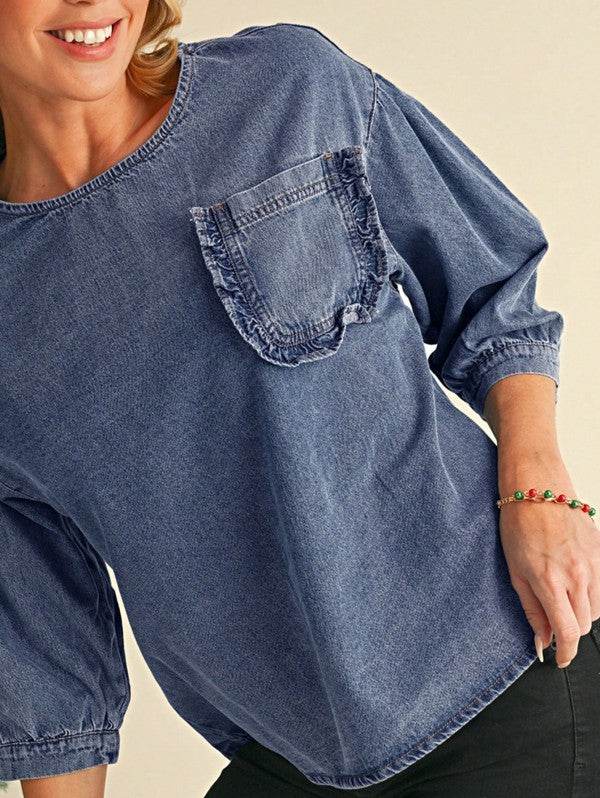 Cotton Denim Frilled Boho Pocket Top - Shop Style & More | Fresh Looks, Everyday Deals & Free Shipping
