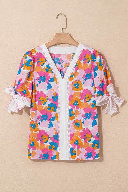 Cotton V Neck Floral Knotted Short Sleeve Blouse - Shop Style & More | Fresh Looks, Everyday Deals & Free Shipping