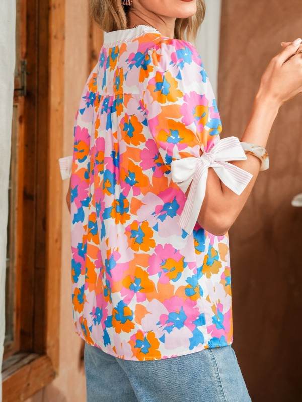 Cotton V Neck Floral Knotted Short Sleeve Blouse - Shop Style & More | Fresh Looks, Everyday Deals & Free Shipping