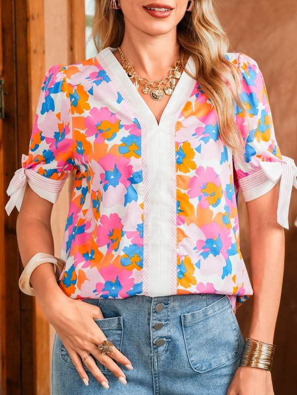 Cotton V Neck Floral Knotted Short Sleeve Blouse - Shop Style & More | Fresh Looks, Everyday Deals & Free Shipping