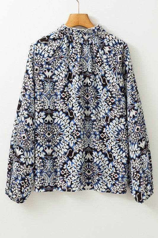 Blue Print Lace-up Frilled Neck Puff Sleeve Blouse - Shop Style & More | Fresh Looks, Everyday Deals & Free Shipping