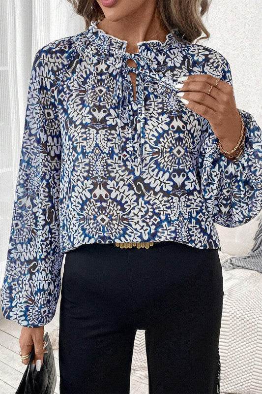 Blue Print Lace-up Frilled Neck Puff Sleeve Blouse - Shop Style & More | Fresh Looks, Everyday Deals & Free Shipping