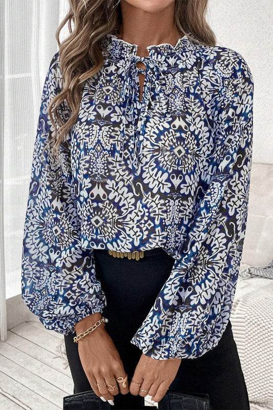 Blue Print Lace-up Frilled Neck Puff Sleeve Blouse - Shop Style & More | Fresh Looks, Everyday Deals & Free Shipping