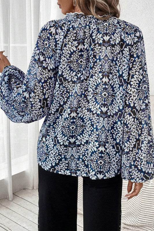 Blue Print Lace-up Frilled Neck Puff Sleeve Blouse - Shop Style & More | Fresh Looks, Everyday Deals & Free Shipping