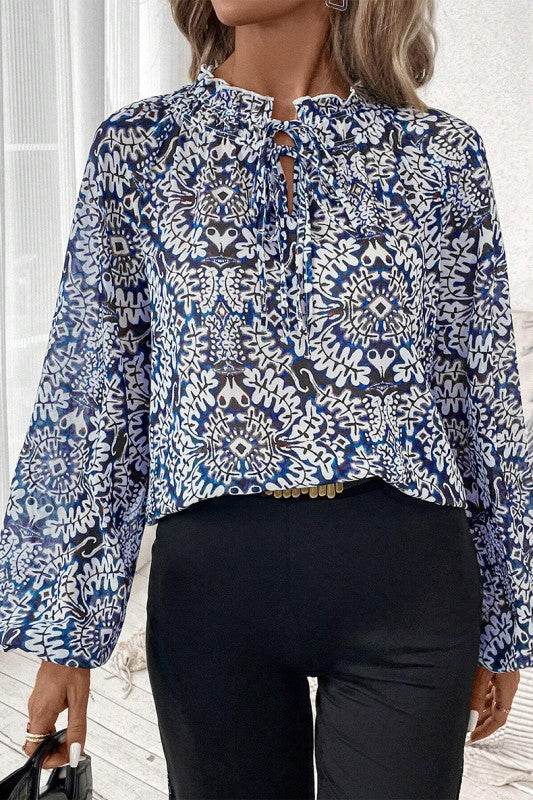 Blue Print Lace-up Frilled Neck Puff Sleeve Blouse - Shop Style & More | Fresh Looks, Everyday Deals & Free Shipping