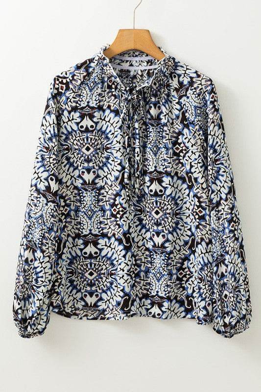 Blue Print Lace-up Frilled Neck Puff Sleeve Blouse - Shop Style & More | Fresh Looks, Everyday Deals & Free Shipping