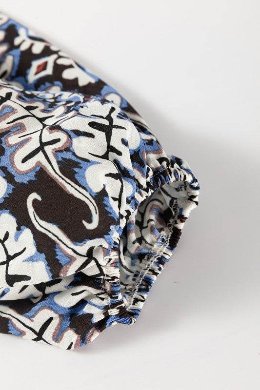 Blue Print Lace-up Frilled Neck Puff Sleeve Blouse - Shop Style & More | Fresh Looks, Everyday Deals & Free Shipping